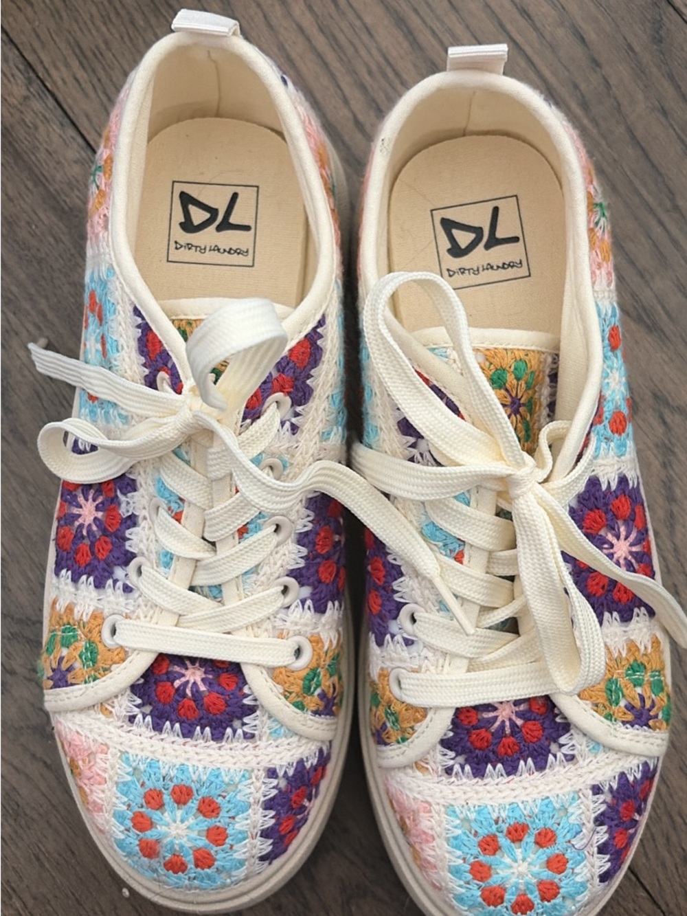 Dirty Laundry Crochet Patchwork Sneakers in Purple, Blue, Orange and Cream Multi